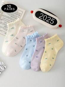 5/10 par skarpetek do kostki z nadrukiem kwiatowym, krótkie, śliczne, miękkie, oddychające, modne i uniwersalne, odpowiednie na lato i jesień