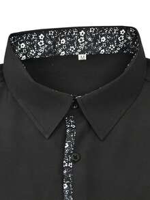 Men's Loose Floral Patchwork Black Shirt, Versatile For Work, Business, Casual Daily Wear, Elegant Long Sleeve Shirt For Men - Black - View 5