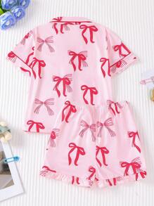 Set de 2 piezas de ropa de dormir ignífuga para niños, nueva para el verano, cárdigan casual de manga corta abierto, lavable, impreso con moño rosa, ropa exterior y de estar en casa para niñas, para niños pequeños y niños