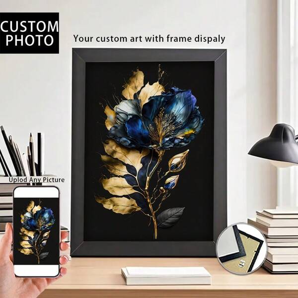 1 pieza, Foto personalizada, Marco de madera con plexiglás pulido, Estilo moderno, Flores azules y doradas en floración, Póster de arte en lienzo con impresión personalizada, Perfecto para familias, parejas, recuerdos de mascotas y un regalo perfecto para aniversarios