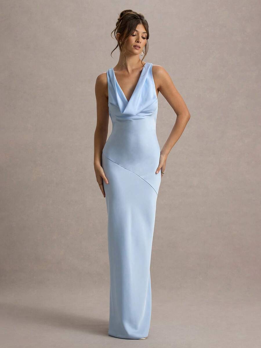优雅缎面修身鱼尾露背系带性感礼服，适合正式场合、派对、鸡尾酒会、婚礼等春季活动 - 藍色 - 查看 1