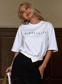 Livesso Loose Fit Letter Print Short Sleeve Round Neck T-Shirt SIMPLICITY Summer