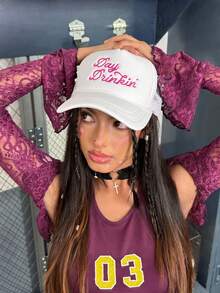 DareSee 1pc Women's Outdoor Embroidered "Day Drinkin" Adjustable Drawstring Mesh Baseball Cap, Suitable For Valentines Day, Spring/Autumn Travel, Versatile Sun Protection Hat, Y2K Style Cap Valentines Music Fest Y2KFest Back To School Autumn Winter Gifts