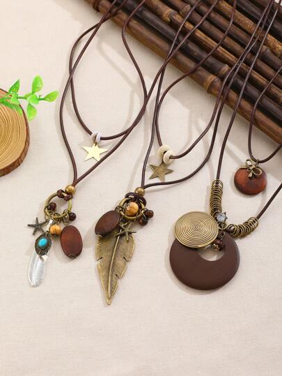 1pc New Chinese Style Zen Retro Star Feather Bowknot Multi-Pendant Long Necklace For Women, Fashionable National Style Elegant Delicate Accessory Suitable For Daily, Vacation, Holiday Wear