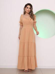 Long Dress With 3 Ruffled Sleeves - Beis - Ver 2