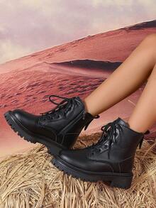 2025年冬季新款女鞋，平底女靴，时尚百搭休闲女鞋，皮革踝靴，黑白短靴，系带拉链侧靴 - 黑色 - 查看 6