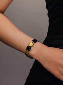 1 pieza Pulsera creativa de estilo geométrico de círculo metálico con mezcla de oro y plata o oro y rosa con línea elástica, perfecta para uso diario de mujeres y fiestas