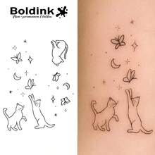Boldink Cute Pet Temporary Tattoos - Butterfly Chasing Cats + Starry Sky Elements Set, Waterproof Arm/Ankle Fresh And Simple Designs, Last Up To 15 Days - Black - View 1
