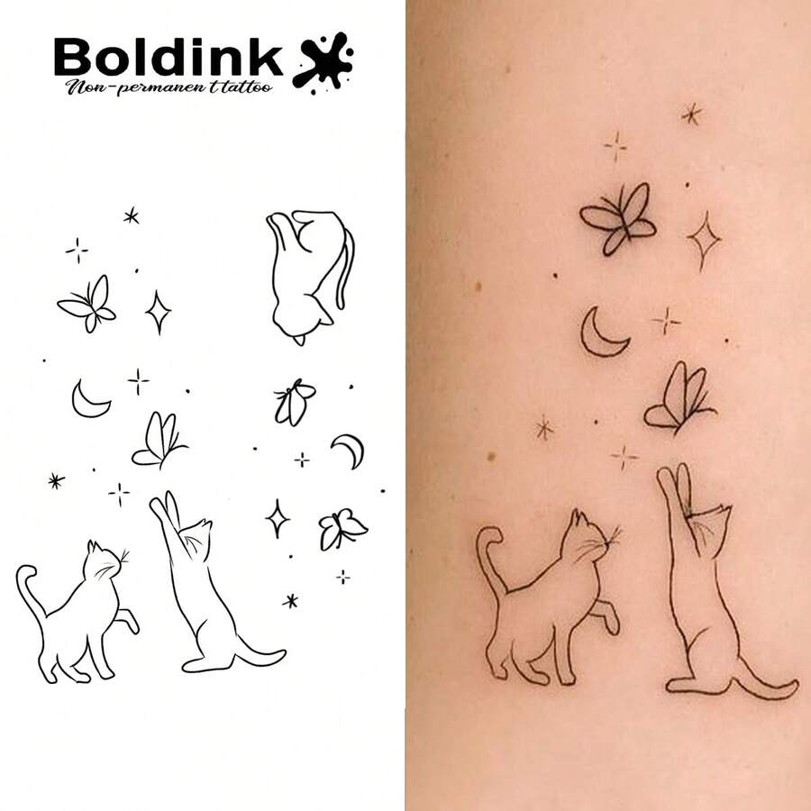 Boldink Cute Pet Temporary Tattoos - Butterfly Chasing Cats + Starry Sky Elements Set, Waterproof Arm/Ankle Fresh And Simple Designs, Last Up To 15 Days - Black - View 1