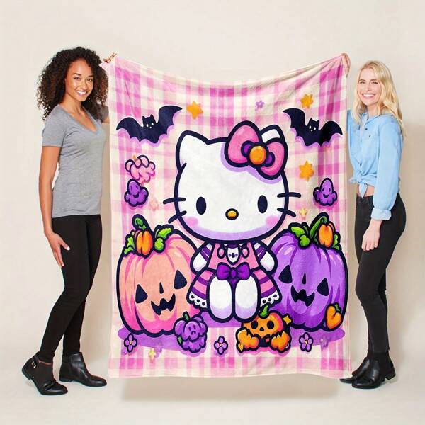 Sanrio Hello Kitty Halloween Blanket - Miękki i przytulny flanelowy koc z dyniami i kwiatowymi wzorami, odpowiedni do łóżka, sofy, biura lub użytku na zewnątrz, można prać w pralce