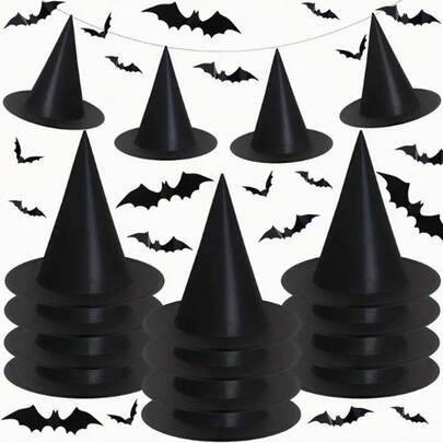 12pcs Black Halloween Witch Hat With 3D Bat Wall Decoration, Suitable Costume Accessories For Halloween Party Decoration, Witch Costume Accessories And Horror Party Supplies | Indoor/Outdoor Hanging Decorations, Holiday Party Hats, Halloween Hats, Witch-Themed Holiday Display Items