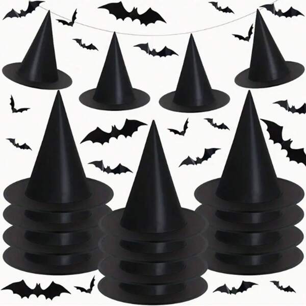 12pcs Black Halloween Witch Hat With 3D Bat Wall Decoration, Suitable Costume Accessories For Halloween Party Decoration, Witch Costume Accessories And Horror Party Supplies | Indoor/Outdoor Hanging Decorations, Holiday Party Hats, Halloween Hats, Witch-Themed Holiday Display Items