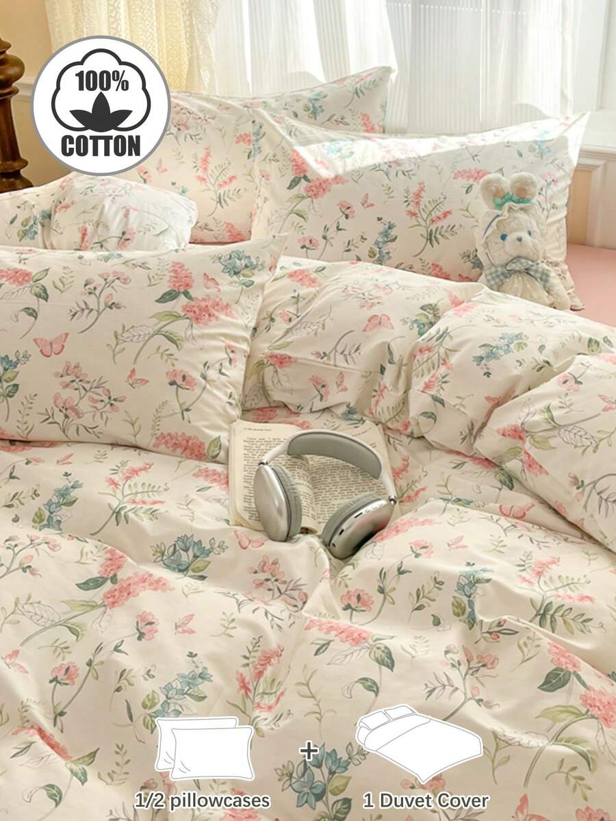 Bộ ga trải giường họa tiết hoa 2/3 món, vỏ chăn và vỏ gối mềm mại, thoáng khí, phù hợp với giường đơn, giường đôi, giường cỡ Queen, dùng được cả bốn mùa, trang trí nhà cửa, quà tặng ga trải giường, unisex, trang trí ký túc xá, có thể giặt máy. - Nhiều màu - Xem 1