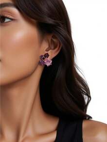 1 对优雅温柔的紫水晶花方形耳钉，适合女士宴会、派对、节日装扮 - 紫羅蘭色 - 查看 2