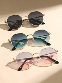 3 نظارات شمسية إطار كامل معدنية هندسية اللون بحماية أشعة فوق البنفسجية للنساء، مناسبة للتسوق في العطلات والتصوير الشارعي والعطلات الاستوائية على الشاطئ والمواعيد وغيرها من المناسبات، إكسسوار أزياء مثالي، حماية من الشمس للخارج والشاطئ، وأيضًا هدية رائعة للعائلة والأصدقاء - 3 قطع من مسحوق رمادي أخضر - مشاهدة 2