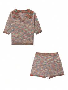 女士条纹针织宽松短袖 Polo 衫和短裤套装，休闲优雅，日常穿着，春夏随机条纹，秋季返校季必备