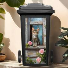 1 Stück Tabby Kätzchen & Rosa Rose Outdoor Mülleimer Aufkleber, herzerwärmende Tier Dekor Aufkleber, wasserfest Abfalleimer Kunst für Garten & Terrasse, UV-beständige Heim- und Gartendekoration, strapazierfähiger selbstklebender Vinyl-Aufkleber, ästhetischer Mülltonnen-Aufkleber, für Schulmaterial, Schulanfang