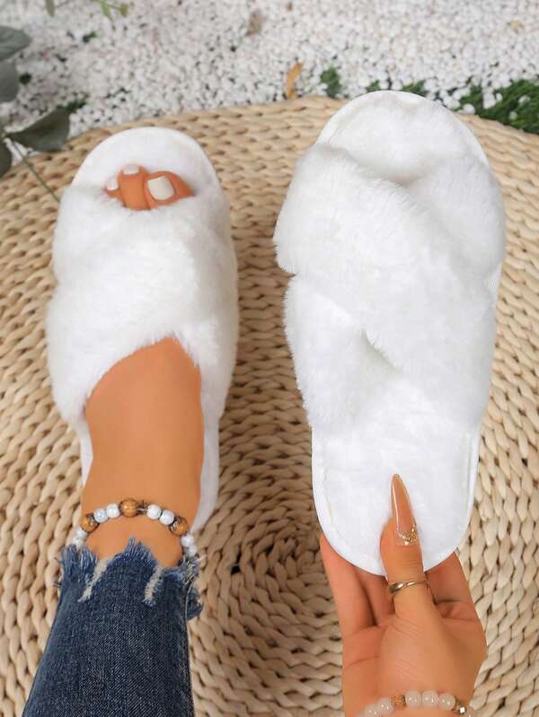 Fashionable Plush Slip-On Slippers For Teens, Indoor Home Wear