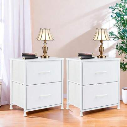 Nightstand Small Dresser With 2 Fabric Drawers Side Tables Bedroom End Table Bedside Storage Furniture For 20 Inch Tall Night Stand For Entryway, College Dorm, White, 1 Pack