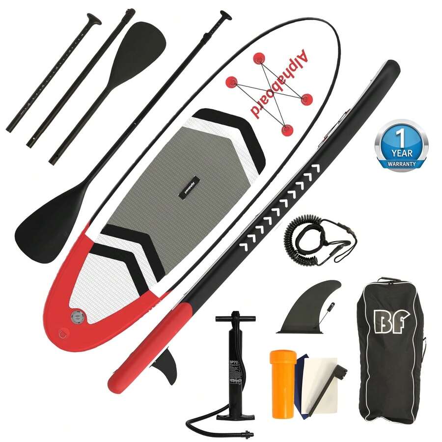 Tabla de remo de pie inflable Bifanuo de 10 pulgadas con accesorios y mochila - tablas de remo para adultos, cubierta antideslizante, postura amplia, aleta inferior, bomba de doble acción - Rojo - Ver 1