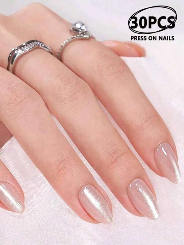 Press On Nails30pcs ,Almond-Shaped Flash Powder With Glitter Rhinestone Sweet Style False Nails Set With 1pc Nail File And 1pc Jelly Glue