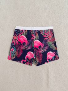 男士时尚火烈鸟印花抽绳泳裤，欧美度假风格