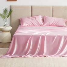 4Piece California King Satin Bed Linen Set, Pink Silky Satin Sheets, Deep Pocket, Luxury Silk Feel, 1 Flat, 1 Fitted Sheet, 2 Pillow Cases - 粉色 - 查看 2