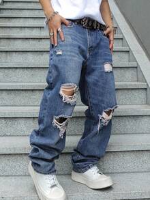Men's Ripped Jeans Relaxed Fit Straight Leg Distressed Vintage Denim Pants Y2K Hip Hop Skater Streetwear Casual Trousers - 中等水洗藍 - 查看 4