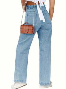 Haloumoning Girls' Stretch Denim Jeans - Casual Straight Leg, Elastic Waistband, Light Blue, Long Pants With Pockets, Machine Washable - Perfect For All Seasons, Comfortable Playwear|Classic Blue Jeans|Cotton Polyester Blend - Màu xanh lam - Xem 5
