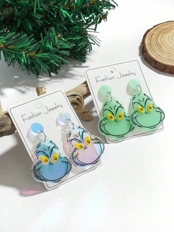 GRINCH 1 paire de boucles d'oreilles Grinch vertes et poilues, qui brillent dans le noir. Design de niche convenant aux fêtes