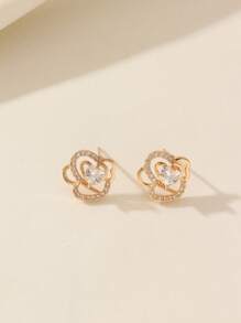 1 par de pendientes de botón con forma de corazón y flores de aleación de cobre con acentos de circonita, de moda y versátiles, ligeros y elegantes para uso diario o fiestas