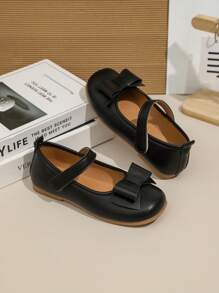 1 Pair Girls' Black Flat Shoes, PU Leather Adjustable Magic Tape Closure, Round Toe, TPR Non-Slip Sole, Comfortable, Fashionable Bow Design, Suitable For 5-14 Years Old Elementary & Middle School Students, For Casual, School, Performance And Daily Wear, All Seasons