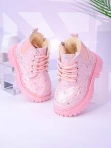 时尚新款儿童靴子，中帮高帮女童靴，保暖内衬厚款保暖拉链休闲公主短靴 - 粉色 - 查看 2