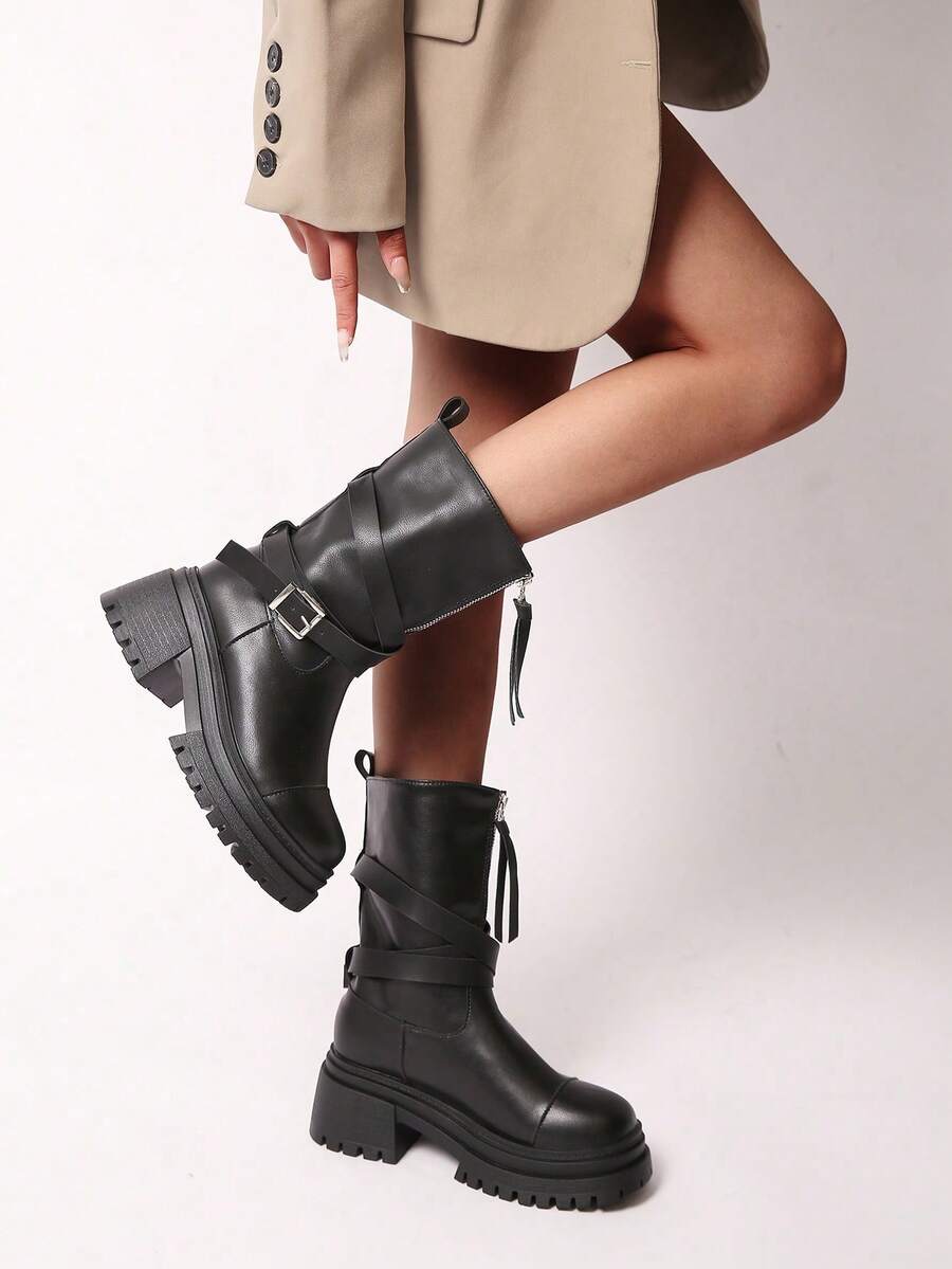 秋冬款黑色条纹扣前拉链厚底圆头优雅百搭通勤时尚女靴 - 黑色 - 查看 1