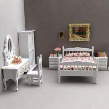 1:12 Scale Dollhouse Bedroom Furniture Set - Bed, Nightstand, Vintage Cabinet, Mini Vanity Table, Wooden Miniature Home Decor Toys, Birthday/Christmas Gift