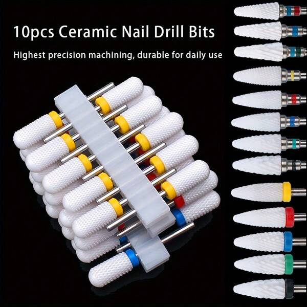 10 piezas Juego de brocas cerámicas para taladro de uñas, cortadores fresadores para máquina de manicura eléctrica, accesorios de limales de forma de llama y de maíz para pedicura y pulido
