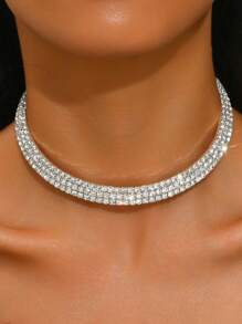 1pc Luxury Party Open Choker Necklace With Double Row Rhinestone & Zirconia Decor