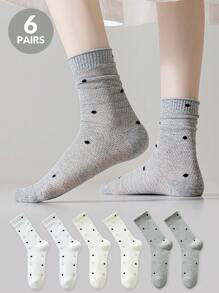 6 Pairs Of Women's Socks, Ribbed Edge Polka Dot Women's Crew Socks, Daily Time Casual Sports And Out Wear