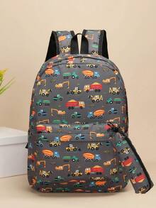 3pcs Back To School New Backpacks For The Back To School Season, Simple, Casual, Fashionable, Large Capacity, Multi-Pocket, Fashionable, Casual, Cute Cartoon Excavator Combination Bag, Multifunctional Combination Bag, 3 PiecesBackpack, Messenger Bag, Pencil Bag, Nylon Zipper Closure, Very Suitable For Campus School, Outdoor Sports, Travel, Camping, Daily Use. - Multicolor - View 3