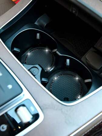 2pcs Rhinestone Grid Pattern Round Soft Silicone Car Cup Holder Mat, Slip-Resistant Creative Storage Car Coasters