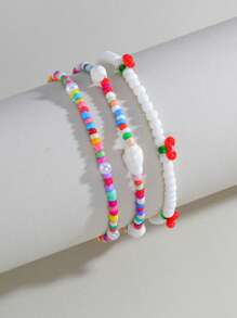 3 pezzi Set di cavigliere bohémien con conchiglie naturali colorate, perle finte e ciondoli a forma di ciliegia, adatto per indossare in vacanza al mare