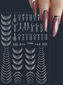 12 张闪光银色欧式花叶蕾丝藤蔓浮雕 3D 美甲贴纸，自粘浮雕设计花叶蕾丝藤蔓美甲贴纸贴花，不对称几何形状美甲装饰，适合女士和女孩 - 銀色 - 查看 7