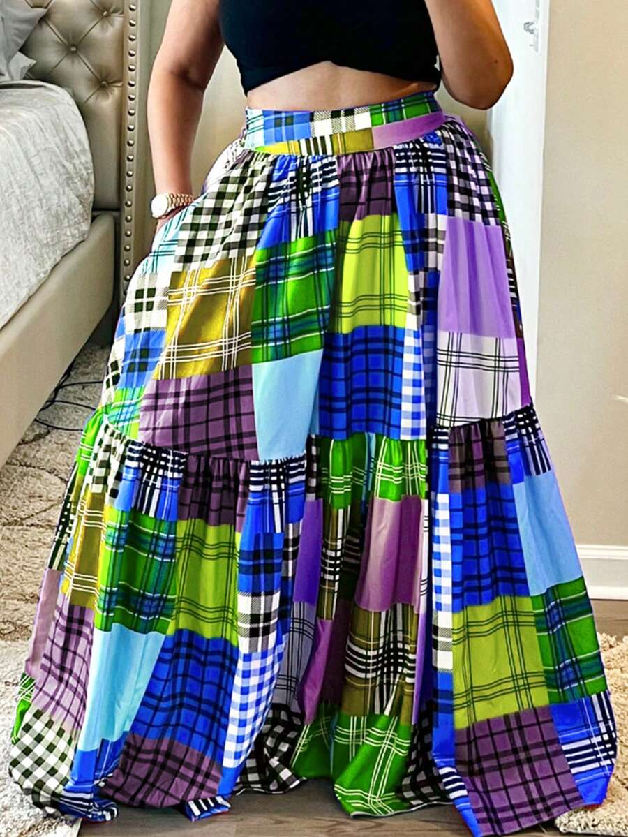 假日时尚波西米亚格子印花拼布松紧腰腰侧口袋半裙。