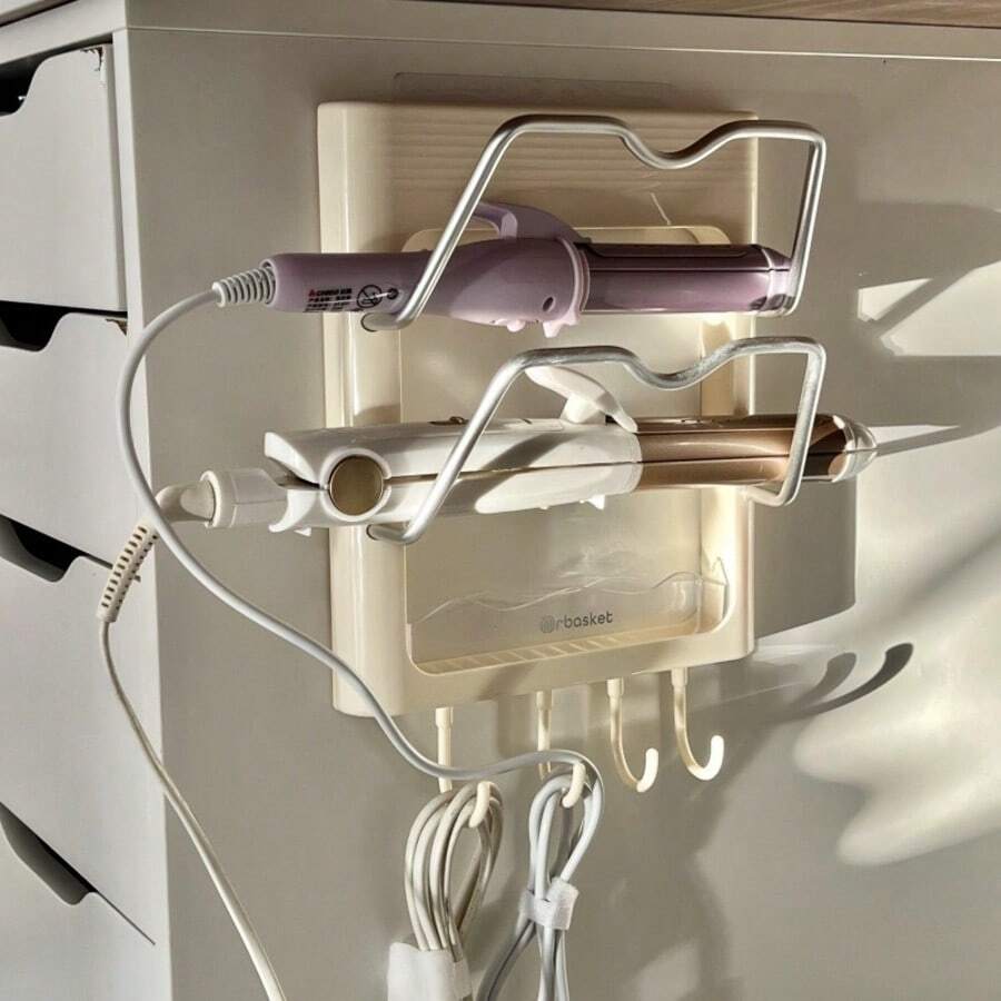 卷发器支架收纳架，壁挂式收纳架，无需钻孔，适用于卧室和浴室桌面卷发器和直发器，带挂钩隔热罩 - 彩色 - 查看 1