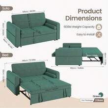 2 Seater Sofa Bed, 3-In-1 Convertible Comfy Pull Out Sleeper Sofa With 3-Position Adjustable Backrest, Side Pockets For Living Room, Guest Room (Green, 2 Seater Sofa Bed) - Green - View 3