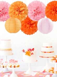 15 buc. hârtie decorativă pentru petrecere la modă roz-portocaliu - felinare cu flori, serpentine din hârtie absorbantă cu pom-pom, potrivite pentru nunți de toamnă, petreceri burlăcițe, aniversări boeme, decor agățat pentru petreceri la apus