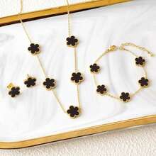 Conjunto de joyería para mujer, collar de flores de cinco hojas chapado en oro de 18k, pendientes, pulsera, joyería de fiesta, uso diario, trébol, 3 uds. - Conjunto de joyas 22 - Ver 3