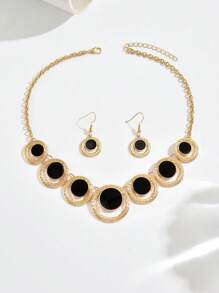 Conjunto de 3 peças de colar geométrico de metal elegante e elegante + brincos, conjunto de joias para mulheres, colar com pingente circular vazado boêmio vintage, adequado para uso diário, viagens, comemoração de feriados, melhores acessórios para presente