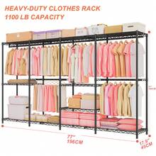 EXTRA LARGE Metal Clothing Rack - Heavy-Duty Coat Rack With 1100 Lbs Load Capacity - 4 Posts & 4 Levels - 77"L X 17.9"W X 77"H - 11 Shelves - Anti-Tip Belt - Space For 240+ Clothes & 30+ Shoes - Space-Saving - Multi-Function - Easy Assembly - 黑色4層11收納隔板區域大型衣櫃 - 查看 1