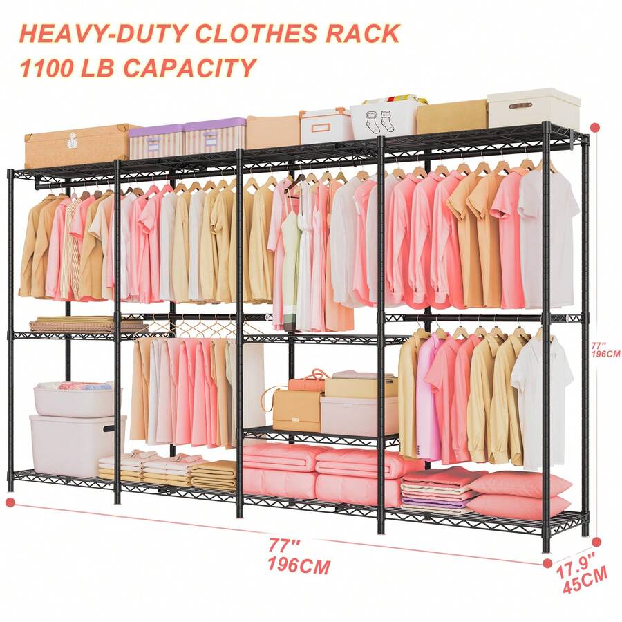 EXTRA LARGE Metal Clothing Rack - Heavy-Duty Coat Rack With 1100 Lbs Load Capacity - 4 Posts & 4 Levels - 77"L X 17.9"W X 77"H - 11 Shelves - Anti-Tip Belt - Space For 240+ Clothes & 30+ Shoes - Space-Saving - Multi-Function - Easy Assembly - 黑色4層11收納隔板區域大型衣櫃 - 查看 1